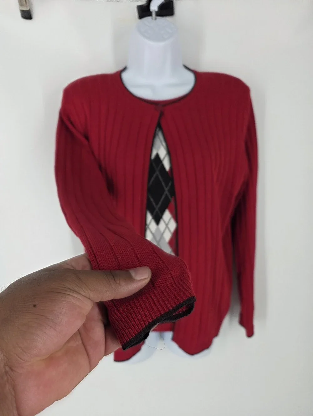 Vintage Alfred Dunner Red Argyle Knit 2-Piece Cardigan Shell Sweater Set Small